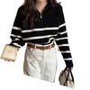 Korean Style Retro Half-Zip Striped Sweater for Women - 2026 Autumn New Arrival Knitwear Pullover