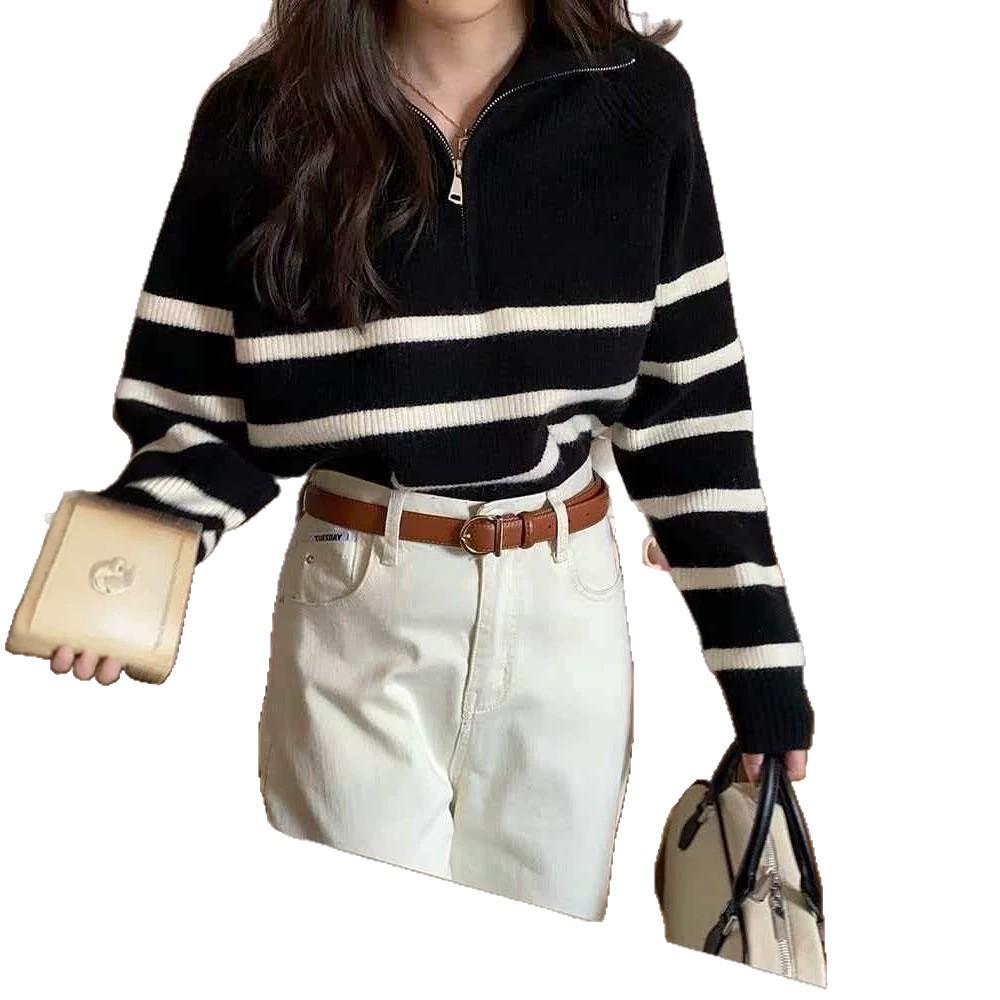 Korean Style Retro Half-Zip Striped Sweater for Women - 2026 Autumn New Arrival Knitwear Pullover