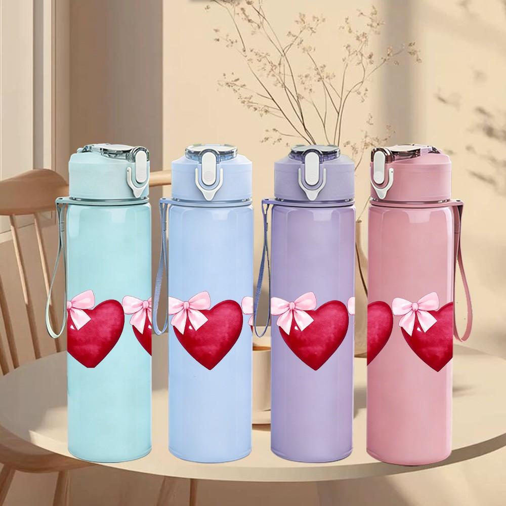 1PC Triple Red Heart Love Pattern Print 750ml Color Plastic Sports Water Bottle Leakproof Flip Straw Lid Suitable for Sports Office Home Use