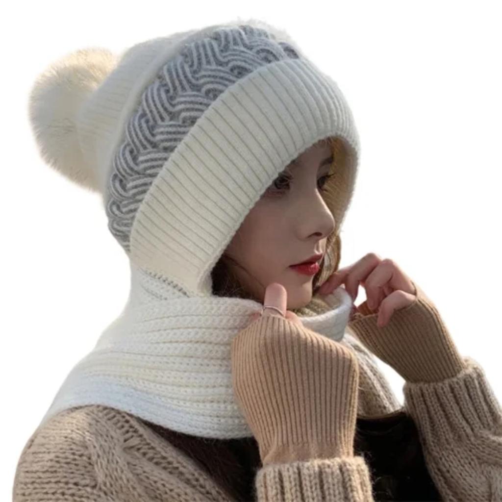 Women's Winter Knitted Hat And Scarf Set, With Pom-poms, Soft And Warm Knitted Headscarf