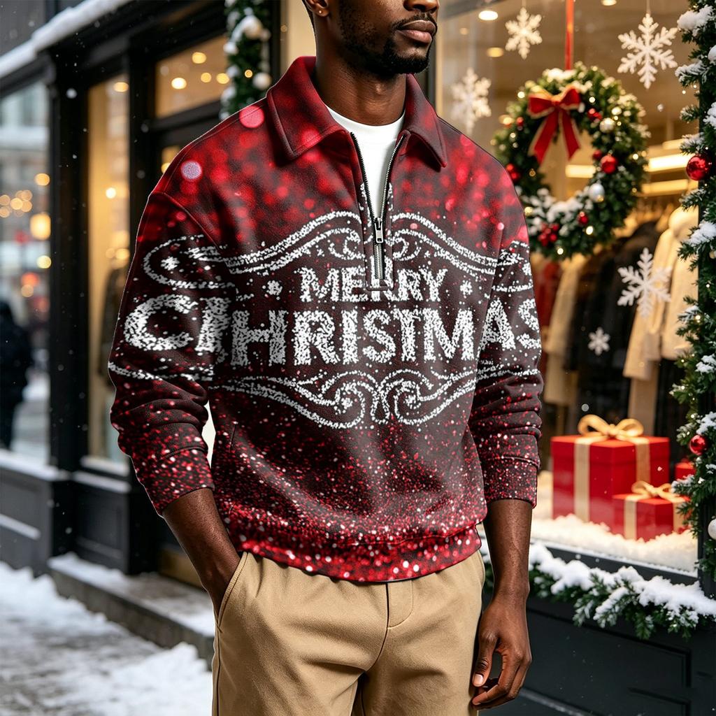 Men's Casual Christmas Print Collared Sweatshirt for Holiday