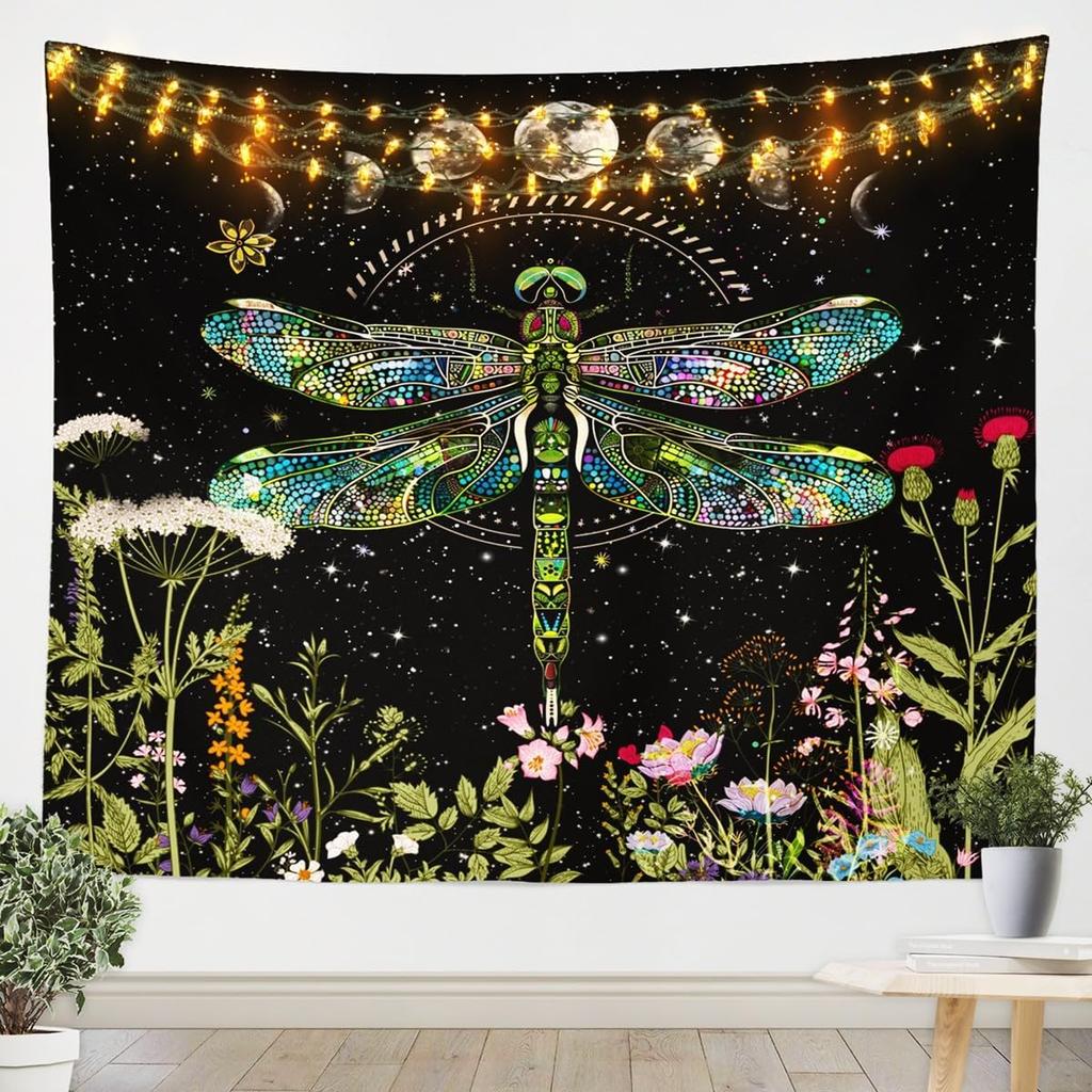Kids Wildflower Bee Tapestry Cute Moon Phase Botanical Tapestry Wall Hanging for Boys Girls Plant Nature Floral Garden Herbs