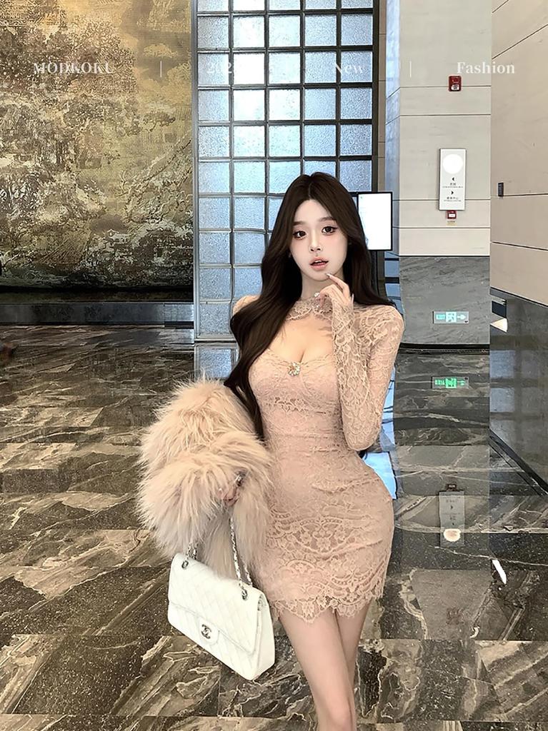 MODKOKU Floral Open Korean Sweet Wedding Long Size M Women's All-Lace Dress, V-Neck, Lace, Neck, Sexy, Sheer, Style, Elegant, Dress, Stylish, Cute,