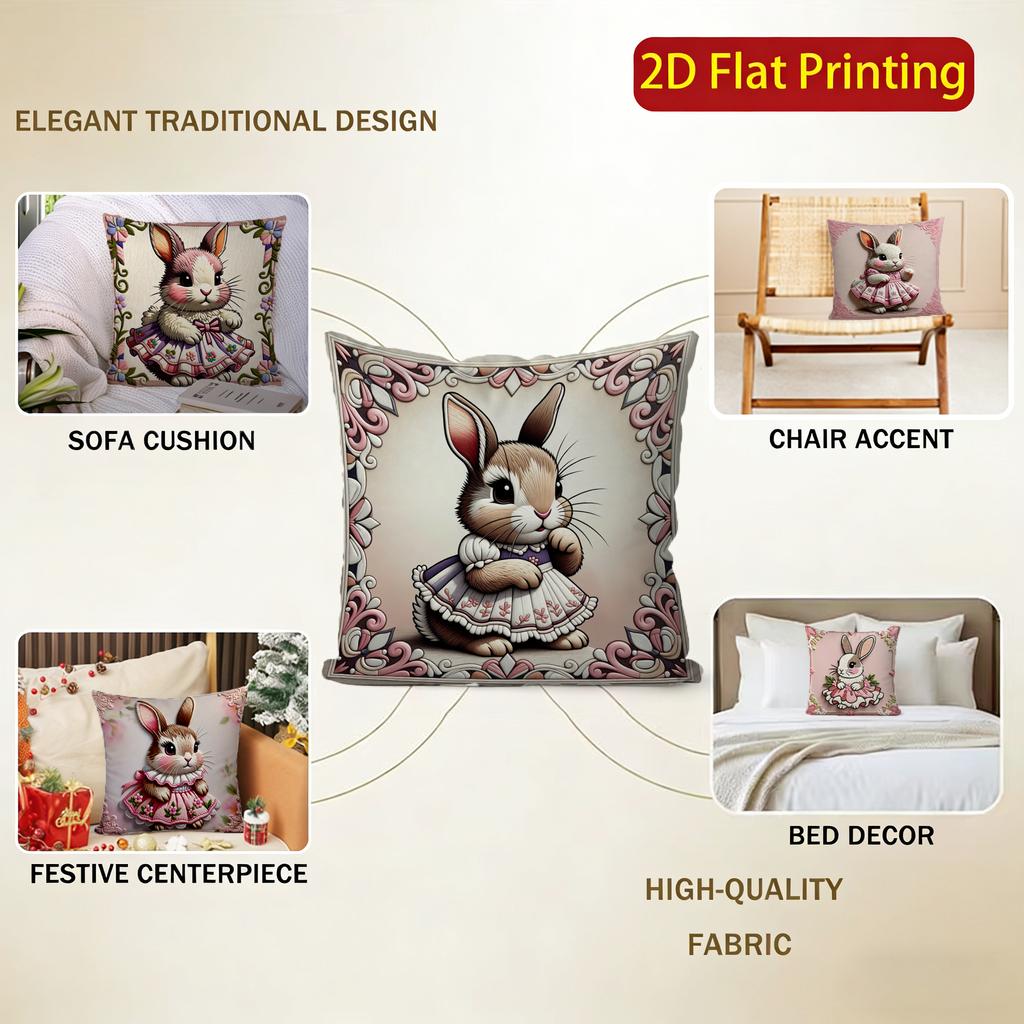 2D Cute Bunny Dressed In Pink Floral Dress Pillow Covers Pattern Cushion Cover Suitable For Sofa Bedroom Car Pillow Cover
