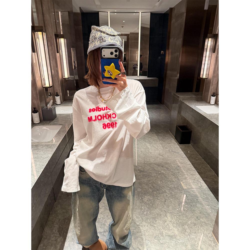 Women s White Embroidered Long Sleeve Casual Loose-Fit T-Shirt 2XL белый