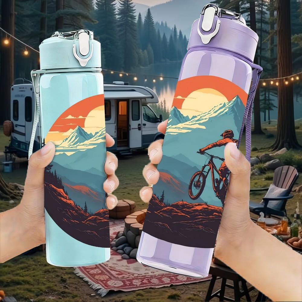 1PC Mountain Biker Sunset Retro Print 750ml Color Plastic Sports Water Bottle Leakproof Flip Straw Lid Suitable for Sports Office Home Use