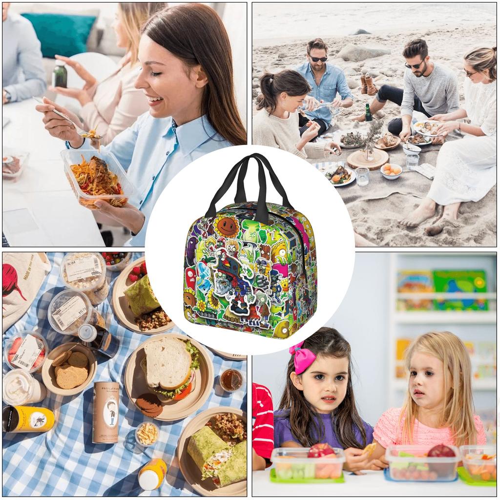 Pflanzen vs. Zombies Spiel Isolierte Lunchtasche für Damen Tragbar Thermokühlertasche Mittagessen Tasche Schule