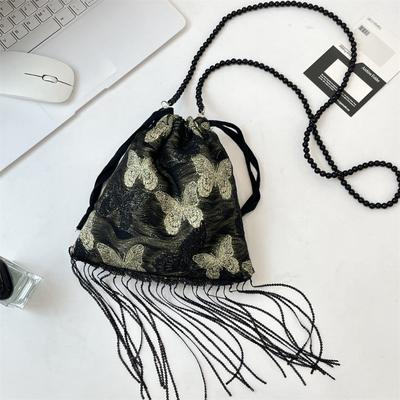 33 Golden Silk Butterfly Drawstring Bundle Crossbody Bag Retro Tassel Shoulder Bag Lazy Underarm Bag