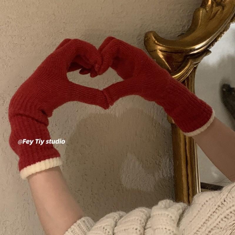Womens Winter Warm Fleece-Lined Touchscreen Gloves With Finger Separation Korean Style