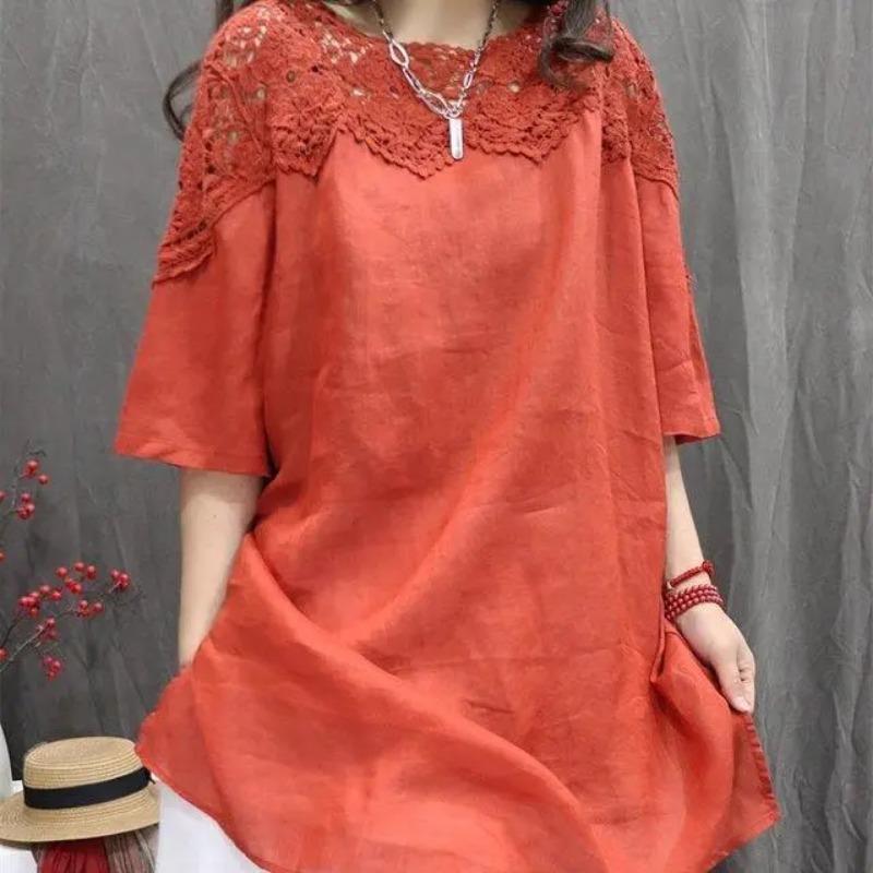 Womens Black Lace Trim Blouse Casual Round Neck 3/4 Sleeve Linen Tunic Top