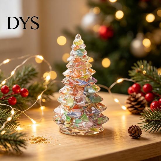Xmas Tabletop Figurine Resin Christmas Tree Figurine, Crystal Desktop Ornament, Creative Gift Miniature Holiday Decoration for Home Office,