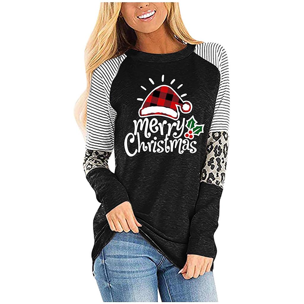 Women's Fashion Christmas Print Splicing Long Sleeve Round Neck Loose Tops