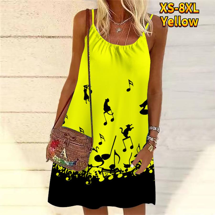 

Женское мини-платье с цветочным принтом и красивыми нотами, вечернее платье без рукавов, летнее пляжное платье, сарафан 8XL жёлтый