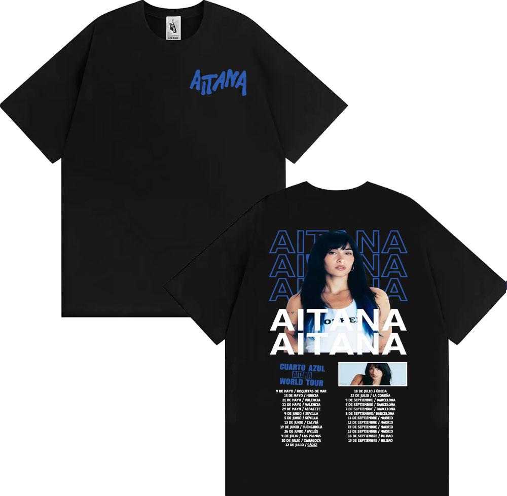 Camiseta Gráfica de Camiseta de Algodón de Verano Unisex para Mujer Aitana Singer Cuarto Azul Oversize Cuello Redondo Manga Corta YK Clothing