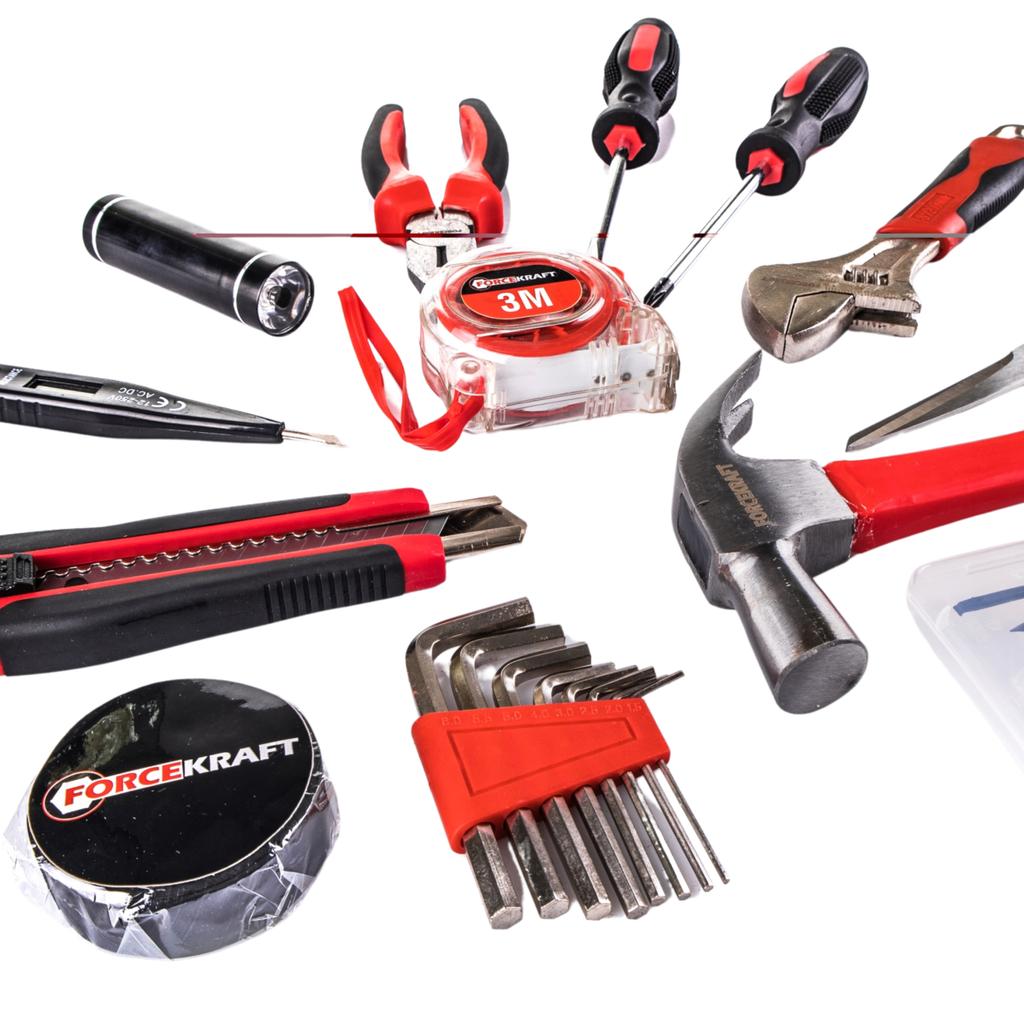 Large 26-piece Tool Set: Combination pliers, screwdrivers, and a hammer, Forcekraft
