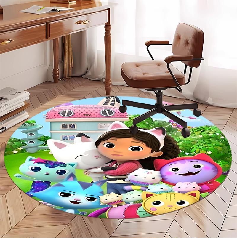 Gabby's Dollhouse Pattern Round Rug, Indoor/Outdoor Mat, for Picnic, Gameroom, Bedroom, Office, Living Room, Home Decor Carpet, Birthday Gift