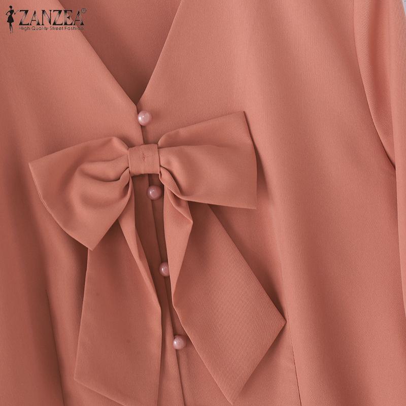 ZANZEA Women Casual Bows V-Neck Summer 3/4 Sleeve Blouse
