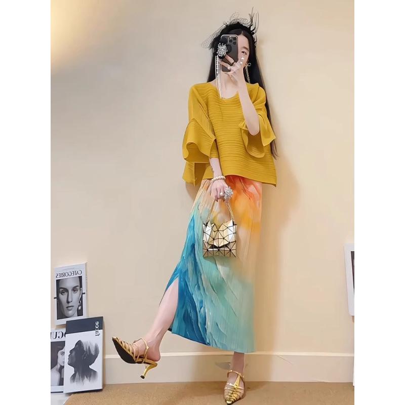 

Комплект топ с плиссированными рукавами-колокольчиками и юбка с цветочным принтом - Шикарный, молодежный осенний стиль Extra Large