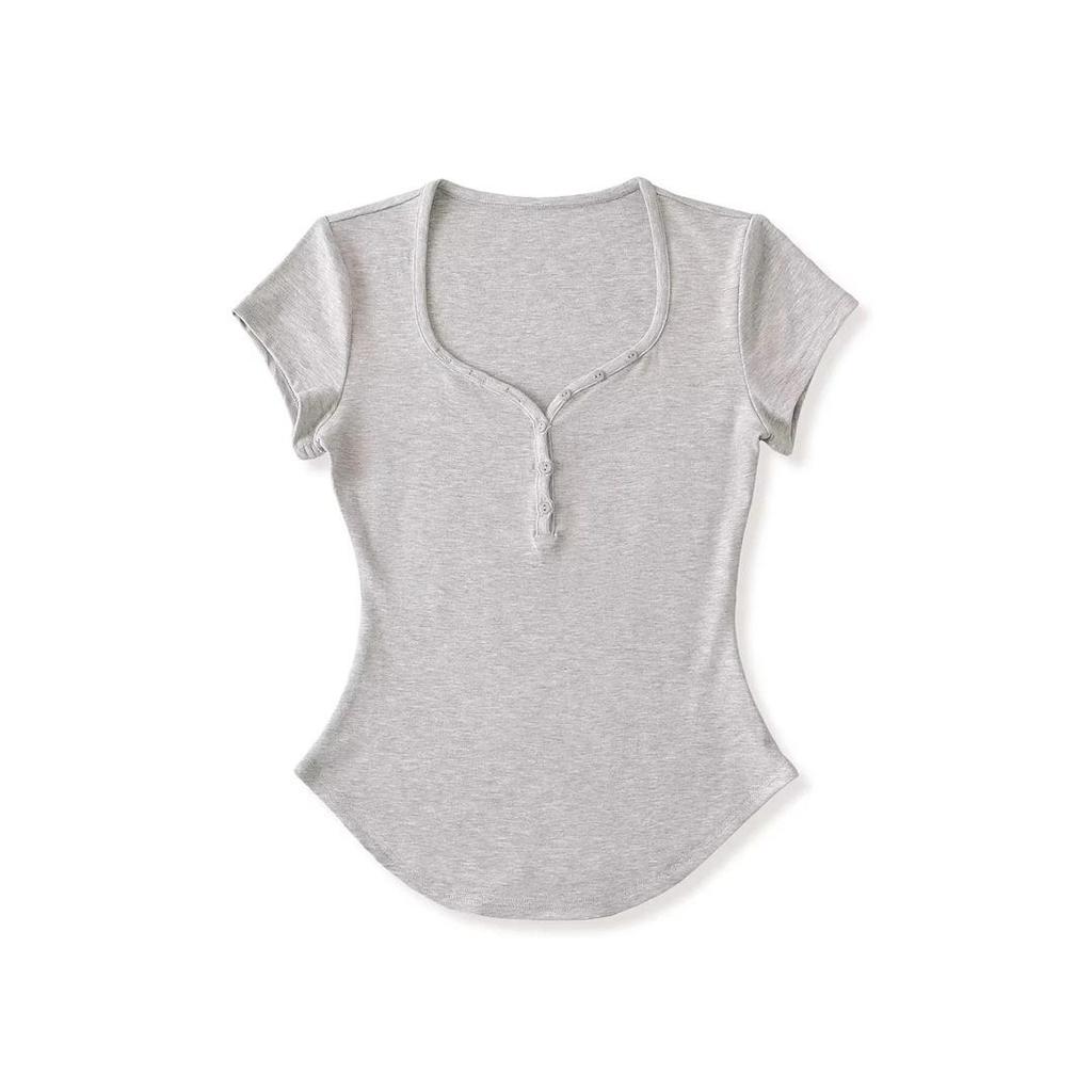Damen Einfarbiges Slim-Fit T-Shirt mit Herzausschnitt & Gebogenem Saum