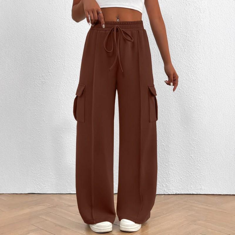 Womens Wide Leg Casual Pants Winter Mid-Rise Loose Fit Joggers With Drawstring Waist Comfortable Everyday Trousers