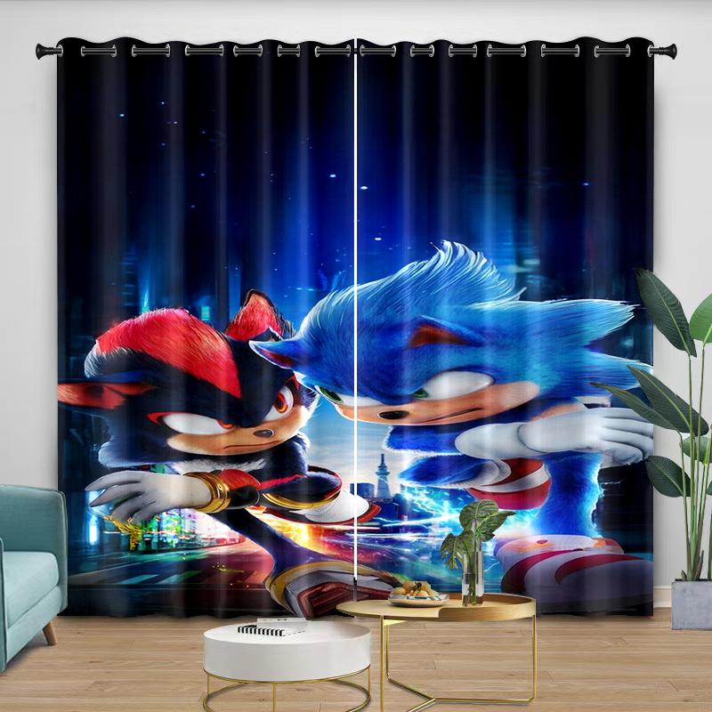Curtains Cute Cartoon Sonic Anime Theme, Care 2 Pieces Thread the Rod through Protect from Light Soft and Comfortable Beautiful