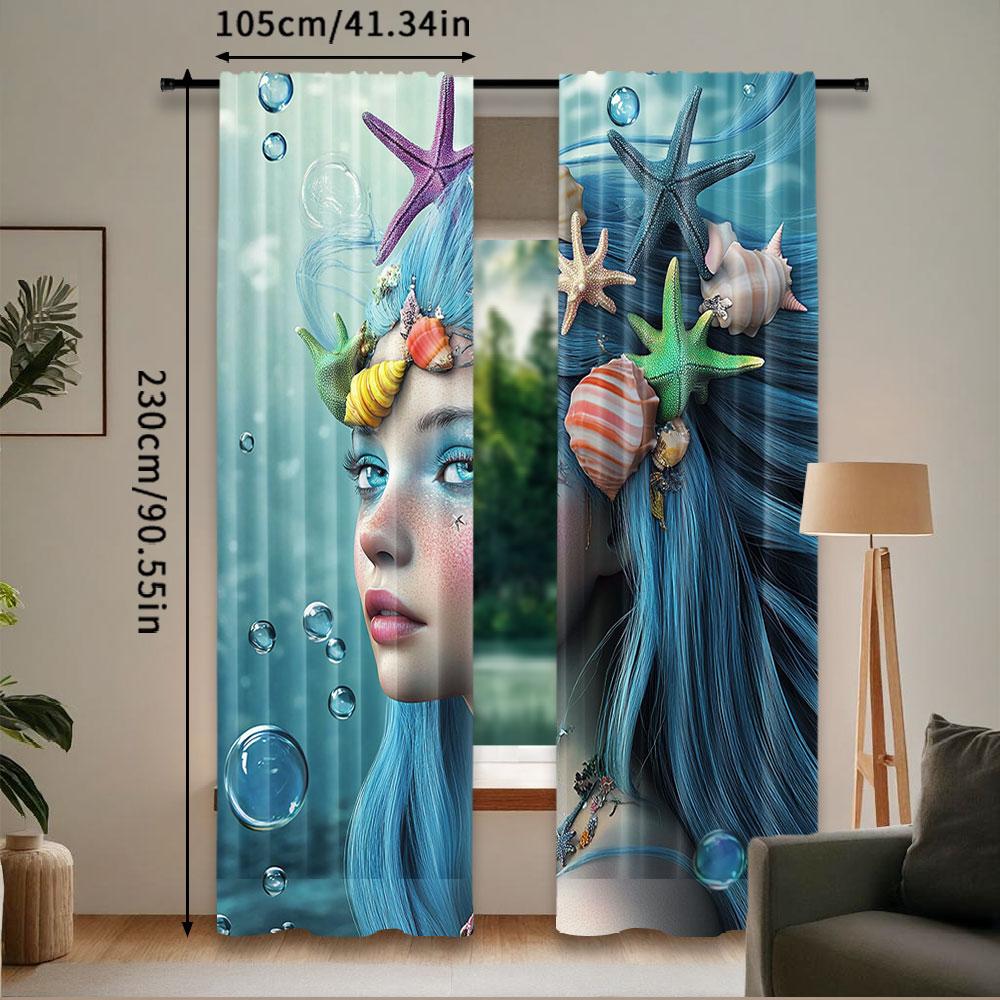 2Pcs Mermaid Curtain Woman Underwater Themed Make Up Hairstyle Starfishes Seashells Bubbles For Bedroom Living Room And Dining
