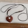 Bohemian Natural Wood Heart Pendant Necklace For Women Long Adjustable Rope Chain With Cubic Zirconia Sweater Jewelry