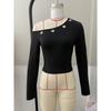 Top Asimmetrico con Spalle Scoperte da Donna a Maniche Lunghe Temperamentale Tinta Unita Slim Pullover T-shirt Corta