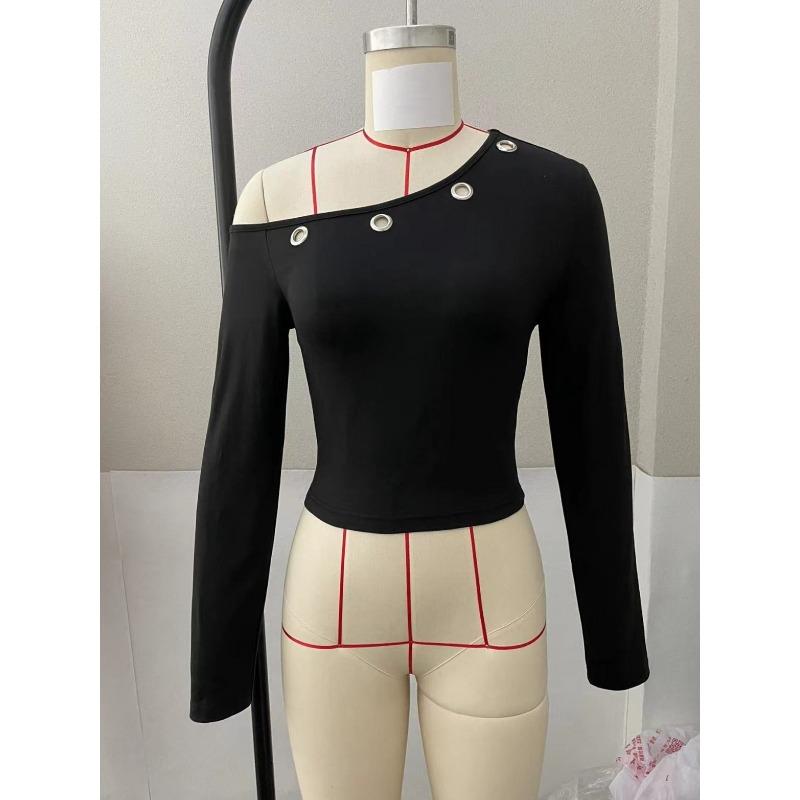 Top Asimmetrico con Spalle Scoperte da Donna a Maniche Lunghe Temperamentale Tinta Unita Slim Pullover T-shirt Corta