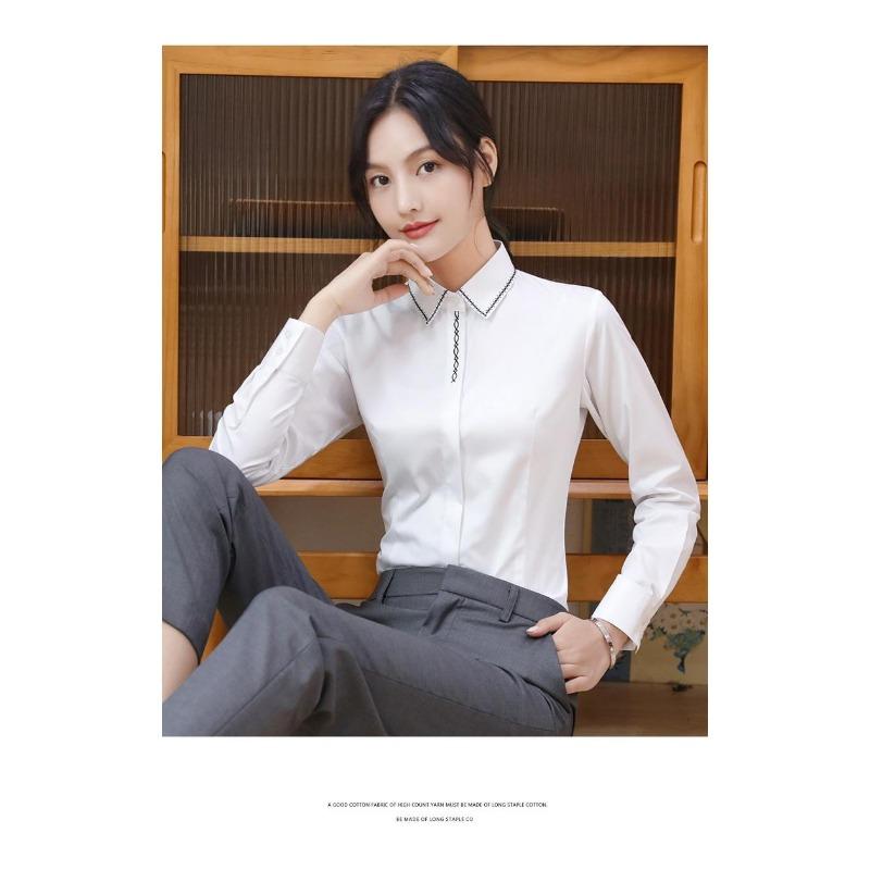 Womens White Contrast Stitch Lapel Neck Long Sleeve Formal Blouse S белый
