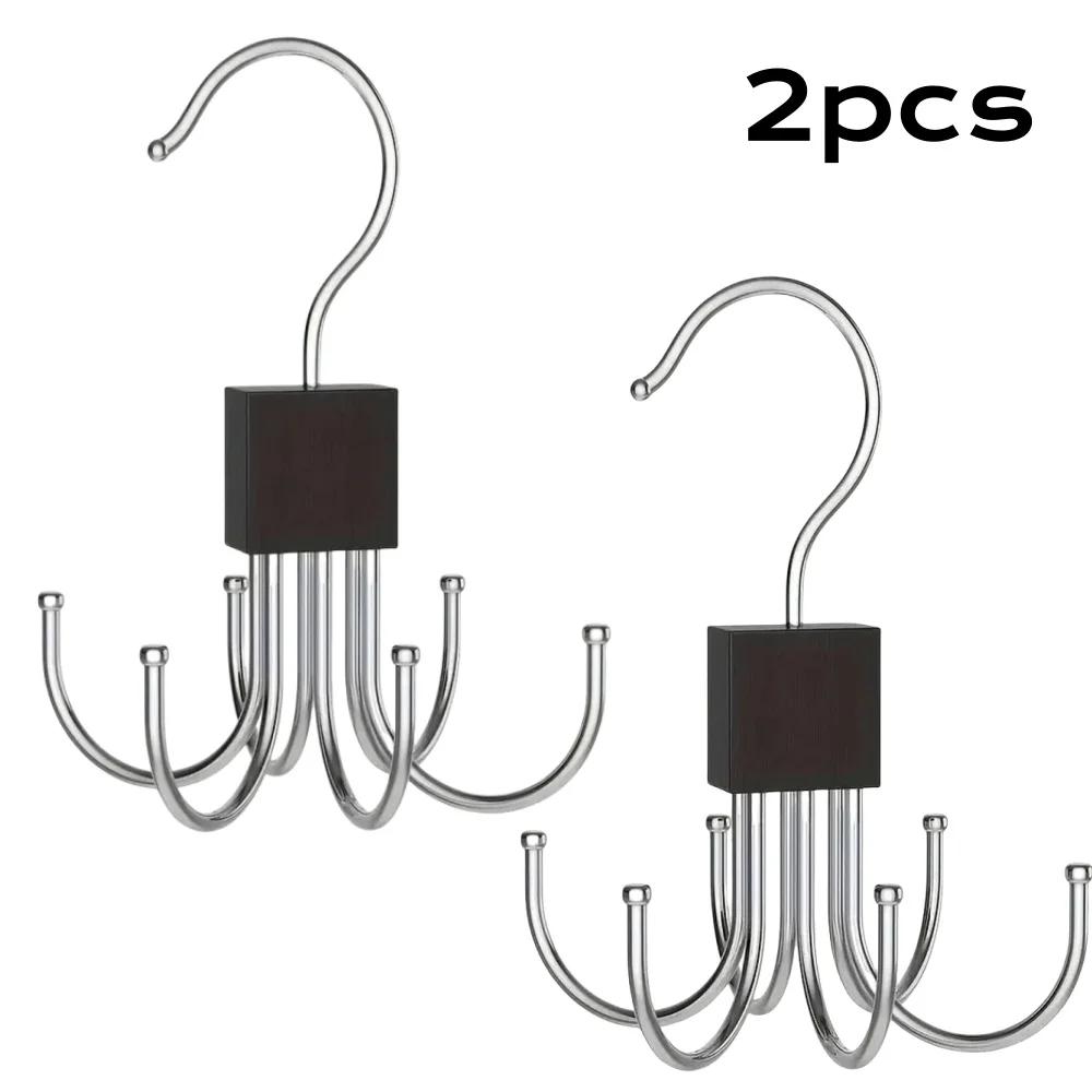 2PCS 360° Rotating Storage Hanger Hook Multi-Claw Bag Metal Belts Rack Wooden Organizer For Bras Ties Scarves Household Closet