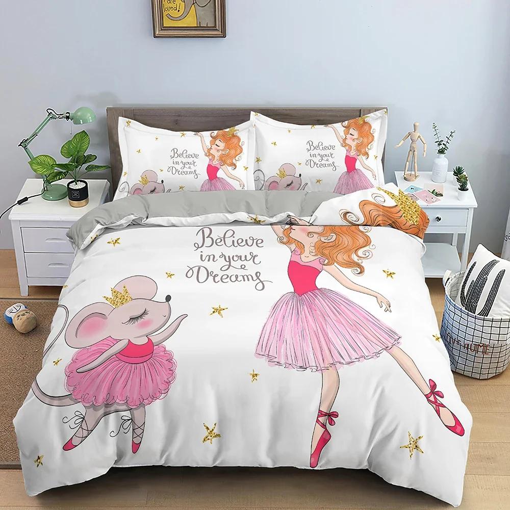 Dancing Girl Duvet Cover Ballet Girls Bedding Set Home Textile Bedclothes Soft Girly Comforter Cover Queen/King Size for Kids