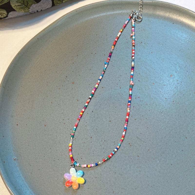 Fashionable Sweet Beads Necklace Short Choker Y2K Colorful Jewelry Pendant Necklace Rice Beads Material for Women Girls