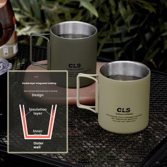 320 ML campingkopp i rustfritt stål med sammenleggbart håndtak Dobbeltlag Utendørs Reise Piknik Te Melk Øl Melkekrus Isolert drikkekopp i metall