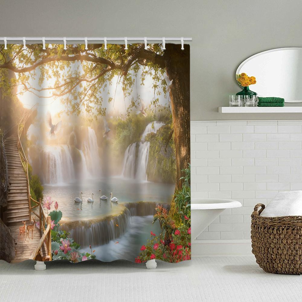 1/4 Forest Waterfall Print Shower Curtains, Toilet Seat Decoration, Shower Curtain with Carpet and Toilet Lid, 70.8x70.8 Inch