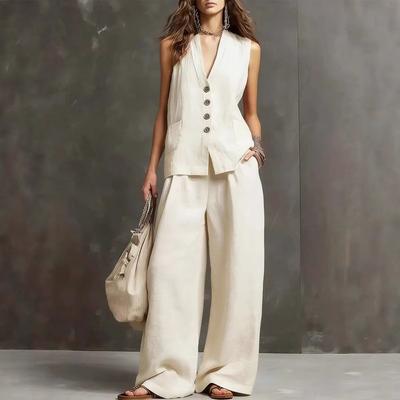2026 European and American Cross-border Amazon New Women's Sleeveless Vest Vest Wide-leg Pants Cotton and Linen Two-piece Women's Clothing