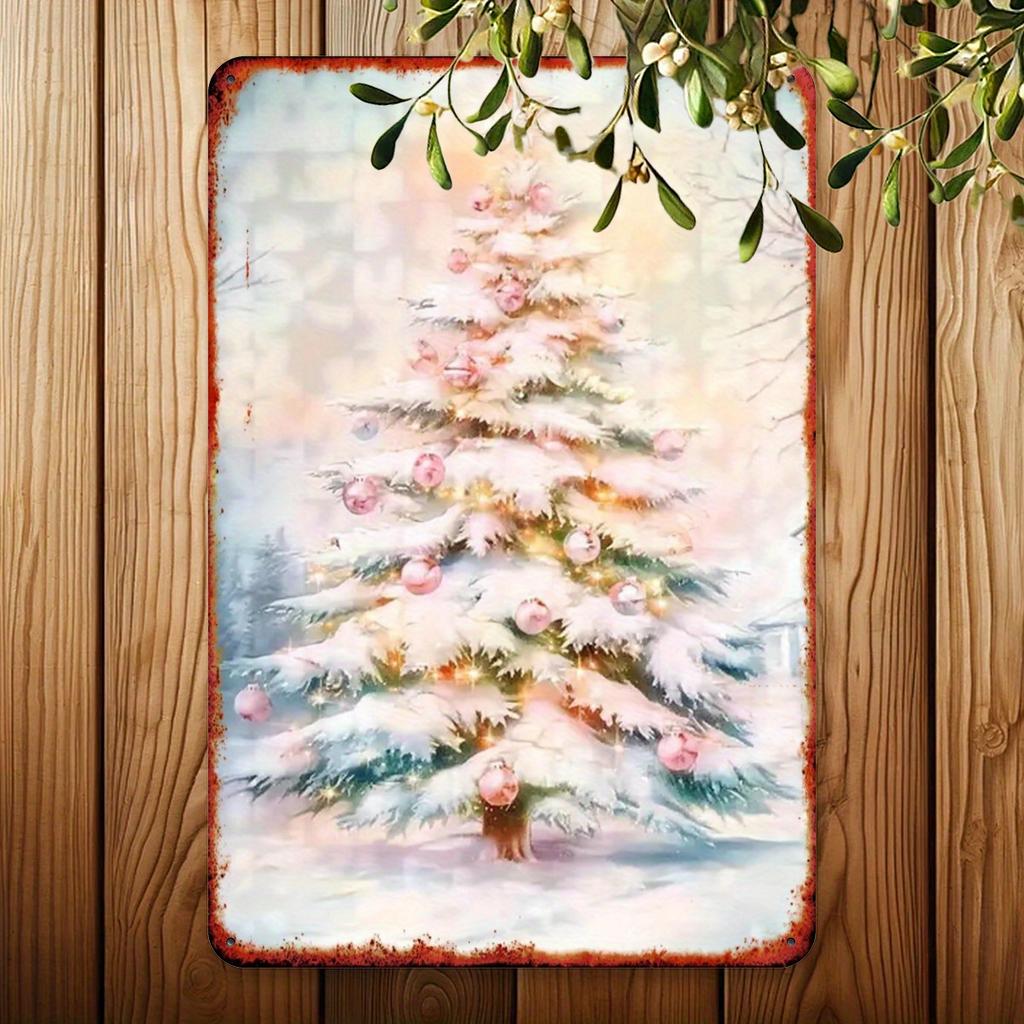 **Festive Christmas Tree Metal Sign -  Round Tin Wall Art with Foil Embossing for Bar Cafe Club, Iron Material Holiday Decor**