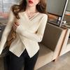 Women's V Neck Cross Wrap Knit Sweater Long Sleeve Slim Fitted Basic Knitwear Inner Top