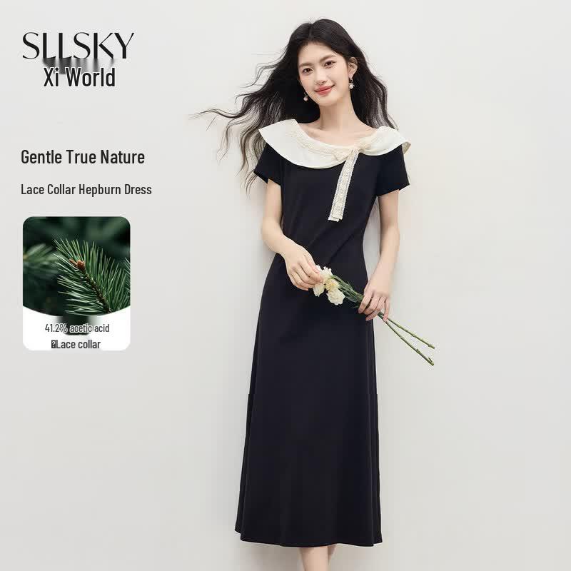Sllsky French Hepburn Style Short Sleeve Dress S