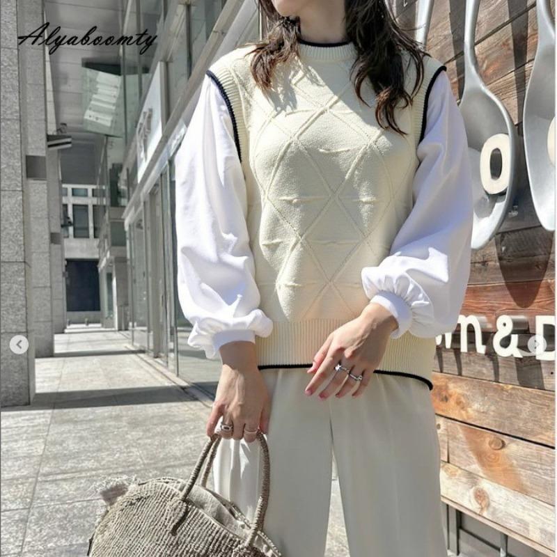 Korean Fashion Women Streetwear Top Contrast Color Patchwork Knitting Sweater Long Sleeve Casual Loose Ladies' Basic Sweatshirt