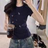 Korean Front Shoulder Short-sleeved T-shirt for Women's Summer New Short Slim-fitting and Thin Navy Blue Top for Women