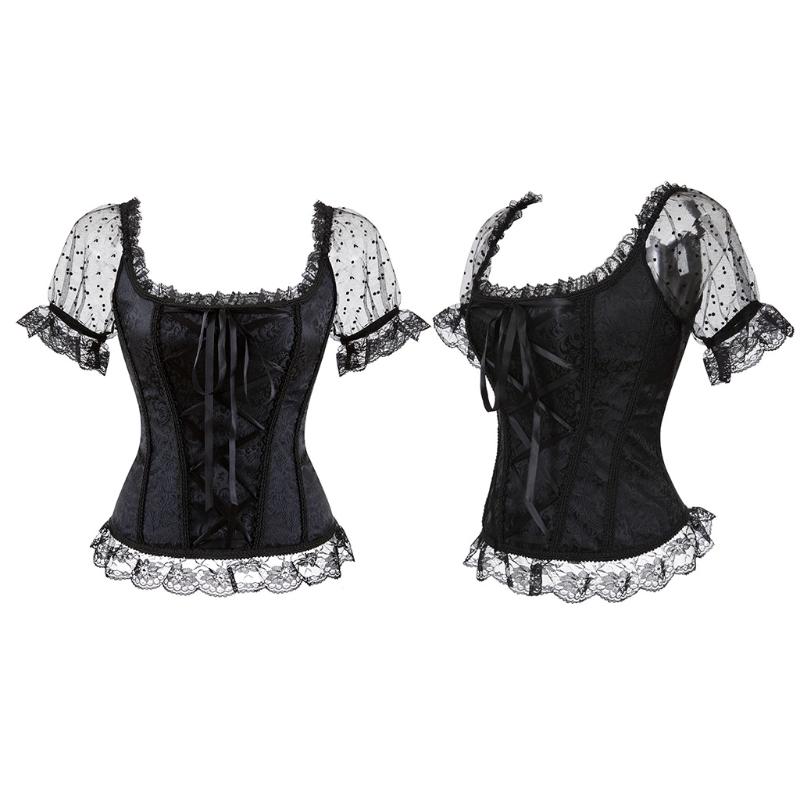 Overbust Corset Bustier Top Women With off Shoulder Sleeves Plus Size Burlesque Costume Hollow Mesh Floral Sexy Corselet