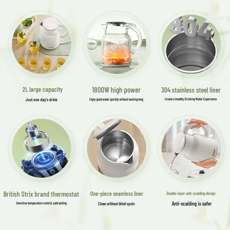 Supor 2L 1800W Çift Katmanlı Haşlanmayı Önleyen Elektrikli Su Isıtıcı CN fişli (adaptör dahil)