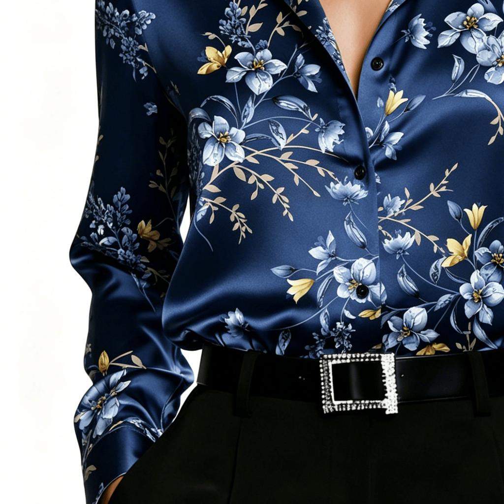 Lady's Elegant Long-sleeved Floral-patterned Shirt, Suitable for Office and Formal Occasions - Machine Washable Top