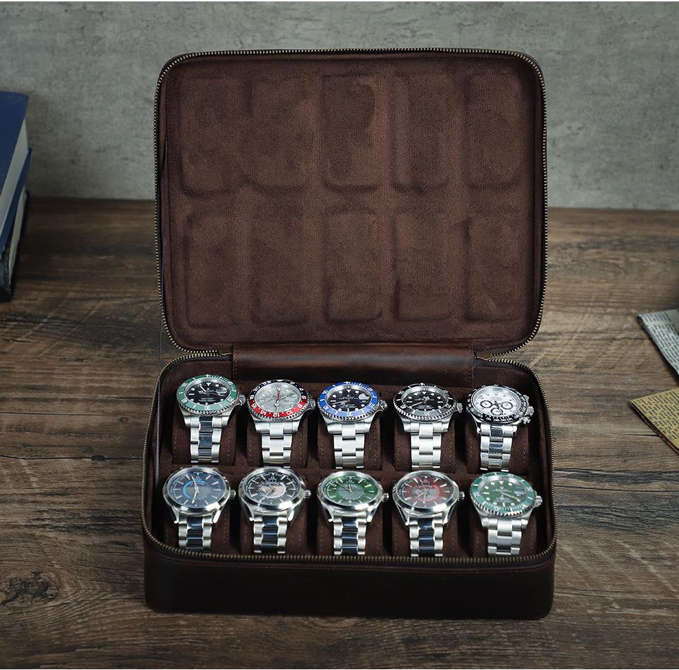 Retro Crazy Horse Cowhide Leather Watch Box - 10-Slot Handcrafted Storage for Wristwatches
