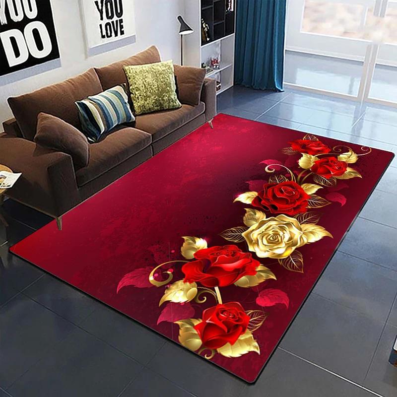 Goldene Rose Blumenteppich Für Zuhause Schlafzimmer Wohnzimmer Sofa Tisch Dekor Weicher Teppich Küchenbodenmatte 3D-Druck Blumenmuster Fußmatte