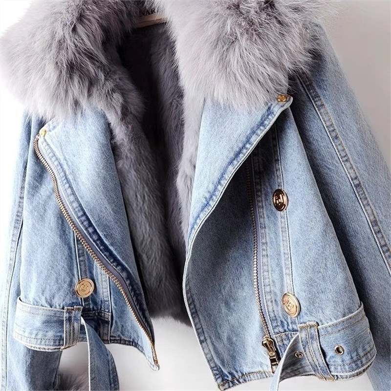 Women's Light Wash Denim Jacket with Fox Fur Collar and Belted Waist