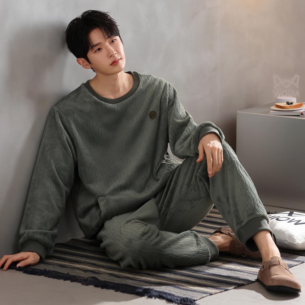 Men'S Pajamas Men'S Winter Flannel Thickened Fleece Autumn And Winter Coral Fleece Loungewear