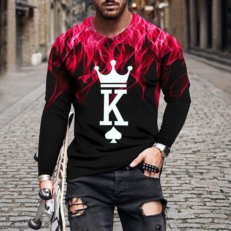 Spring and Autumn Round Neck "King K" Flame Pattern 3D Printed Top Fashionable Casual Long Sleeved Men's T-shirts