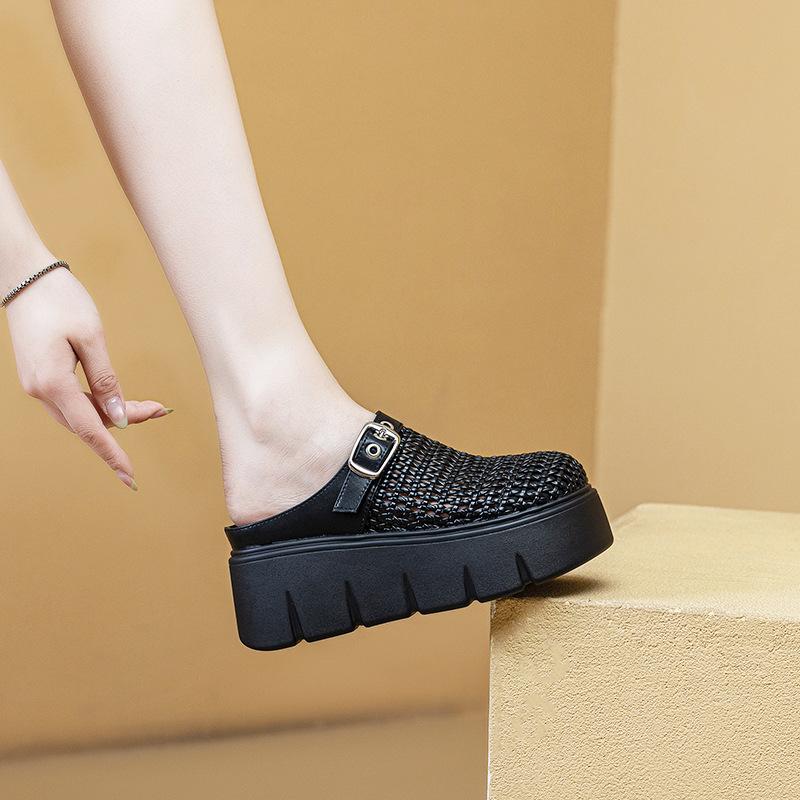 Trendy Versatile Thick-soled Bag Head Half Slippers Women's 2025 Summer New Hollow Soft-soled One-pedal Casual Cool Slippers